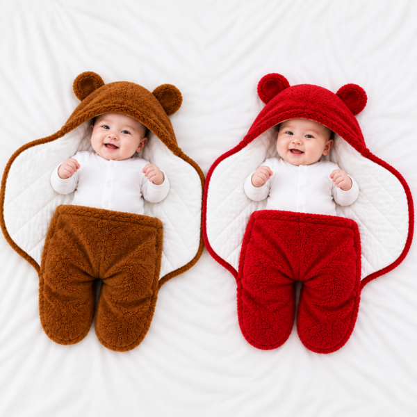 2 PCS Bear Hood Baby Blanket Combo — Brown + Red