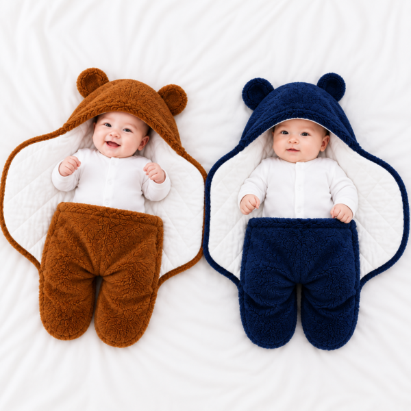 2 PCS Bear Hood Baby Blanket Combo — Brown + Navy