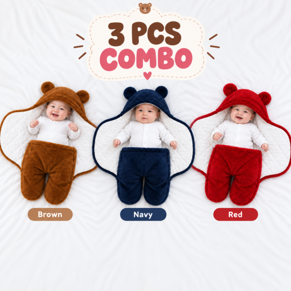 🧸 3 PCS Bear Hood Baby Blanket Combo — Brown, Navy & Red