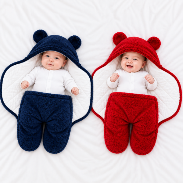 2 PCS Bear Hood Baby Blanket Combo — Navy + Red